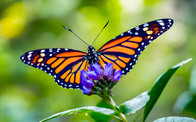 Obraz premium butterfly on a flower Create a vibrant and multicolored butterfly with an intricate pattern on its wings. The composition should highlight the vivid and diverse color palette found in butterflies. Gen