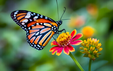 Fototapeta na wymiar Create a vibrant and multicolored butterfly with an intricate pattern on its wings. The composition should highlight the vivid and diverse color palette found in butterflies.