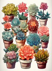 A professional digital art illustration hand painted style of succulent clipart collection on white background.