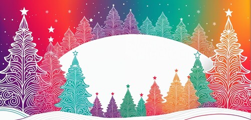 Minimalist christmas line art. Winter landscape illustration with christmas trees