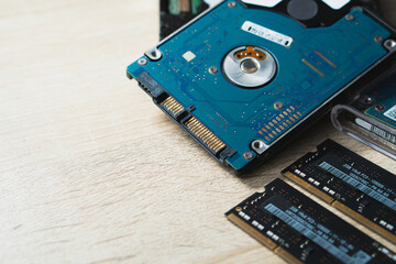 cyber data attack concept : broken laptop ,crash motherboard ,memory hard disk electronic hardware problems
