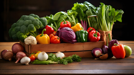 wooden box full with colorful vegetables, concept of healthy food, diet, and healthy lifestyle 