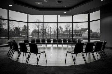 Fototapeta na wymiar black and white simple and modern interior design barren quiet meeting space with no participants. generative AI