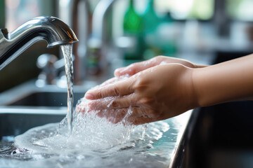 Wash hands with abundant clean water flowing from a tap