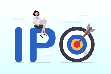 Businesswoman trader trading stock on alphabets IPO with bullseye target, IPO, initial public offering, company go public in stock market, investment opportunity or make profit from new stock (Vector)