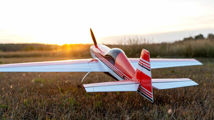 a model of a radio-controlled aircraft on the field