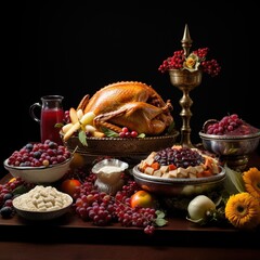 Fototapeta na wymiar The Thanksgiving feast includes a cornucopia of dishes, from mashed potatoes to cranberry sauce, all savored with the centerpiece turkey, Generative AI
