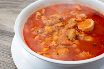 A view of a bowl of menudo.