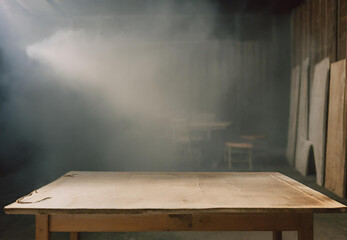 empty room with wooden table, Smokey Wooden Table Setting