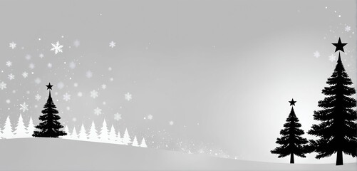 Black and white christmas illustration with large copy space. Winter forest landscape