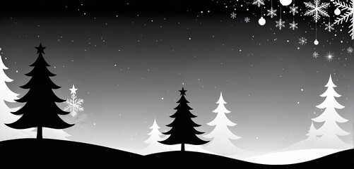 Obraz premium Black and white christmas illustration with large copy space. Winter forest landscape