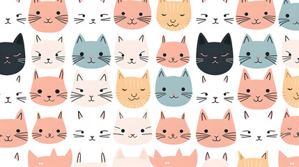 Cute line cat pattern background in various colors and expressions, Generative AI