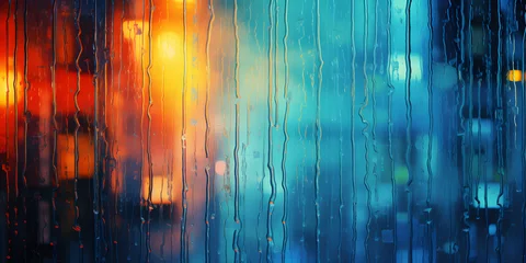 Fotobehang abstract colourful background with rain drops running down window glass and bokeh lights © sam