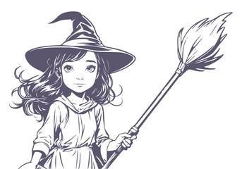 Happy young cute witch girl with broomstick sketchbook cartoon style illustration. Long curly hair and big anime style eyes. Halloween relative character