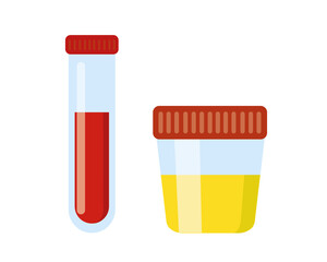 Test tube with blood and urine sample container isolated on white background. Urinalysis, blood medical analysis icons. Laboratory examination and diagnostics concept.