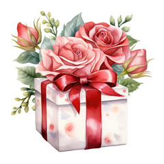 Birthday gift box and rose Illustration, Generative Ai