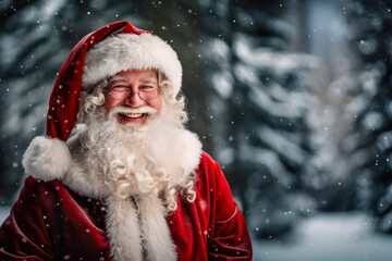 portrait of santa claus with detailed clothes, on a christmas, snowy winter background, looking happy