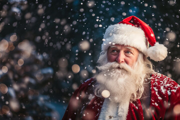 portrait of santa claus with detailed clothes, on a christmas, snowy winter background, looking happy