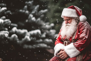portrait of santa claus with detailed clothes, on a christmas, snowy winter background, looking sad