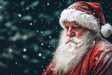 portrait of santa claus with detailed clothes, on a christmas, snowy winter background, looking sad