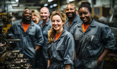 Smiling Factory Workers: Teamwork and Unity in Action - obrazy, fototapety, plakaty