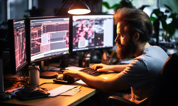 Computer Programmer Intensely Working on New Software Application