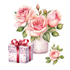 Birthday gift box and rose Illustration, Generative Ai