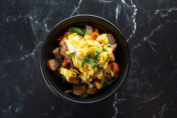 A top down view of a breakfast bowl.