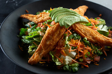 A closeup view of a chicken strip salad.