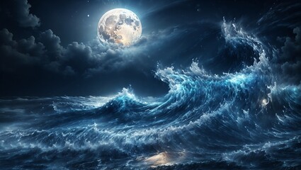 Mystical image of the night sea, sparkling waves and moon