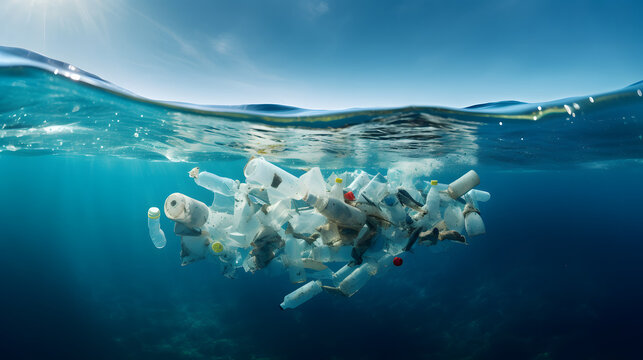 plastic waste floating in the pristine blue sea water
