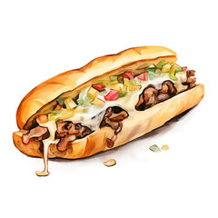 Philly Cheesesteak Watercolor: Delicious Food Illustration on Transparent Background