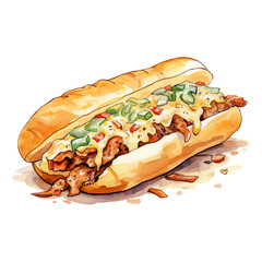 Philly Cheesesteak Watercolor: Delicious Food Illustration on Transparent Background