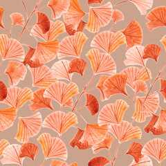 watercolor drawing, seamless pattern with yellow and brown leaves and twigs