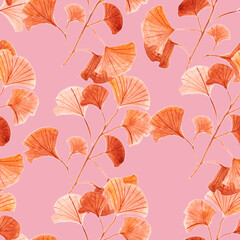 watercolor drawing, seamless pattern with yellow and brown leaves and twigs