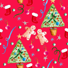 Seamless pattern for new year and christmas. Watercolor drawing.