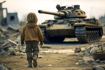 Fotobehang little boy walking in war zone, AI generated © Frédéric Prochasson