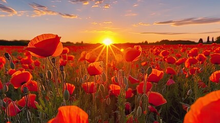 Field of red poppies on Armistice Day, a solemn and reflective scene silhouetted against the morning sky - obrazy, fototapety, plakaty