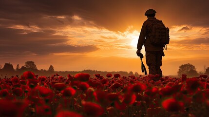 Field of red poppies on Armistice Day, a solemn and reflective scene with a single soldier silhouetted against the morning sky - obrazy, fototapety, plakaty