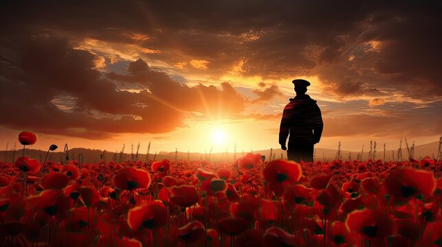 Field of red poppies on Armistice Day, a solemn and reflective scene with a single soldier silhouetted against the morning sky