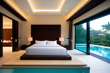 Real luxury interior design in the pool villa bedroom with a comfortable king bed with raised high ceilings. 3d rendering