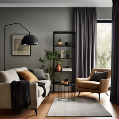 modern living room, living room interior, gray color dark, light gray, beige, wood furniture