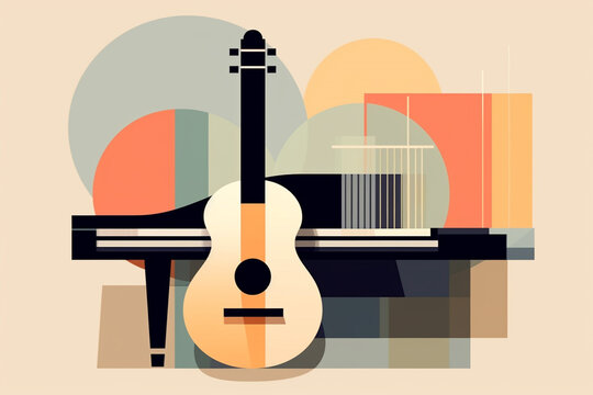 Music concept. International world music day poster design abstract colorful illustration. Guitar and piano music instruments abstract illustrative design. Muted pastel colors. Generative AI