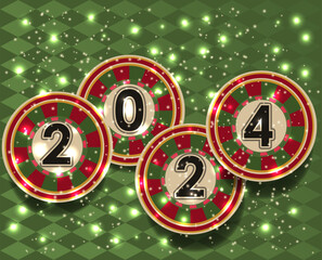 Christmas casino background, poker chip 2024 new year. vector	illustration