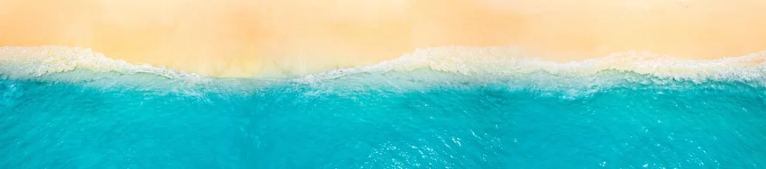 Foto op Aluminium Peaceful aerial wide beach landscape, summer vacation Mediterranean holiday. Waves crash amazing blue ocean bay sea panoramic coastline. Tranquil aerial drone top view. Relaxing sunny beach, seaside © icemanphotos
