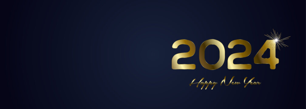 Happy New year 2024 concepts for celebrations banner, golden ribbons on gradient blue isolated over black background