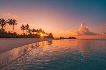 Best sandy island beach. Silhouette palm trees destination landscape panorama. Inspire popular...
