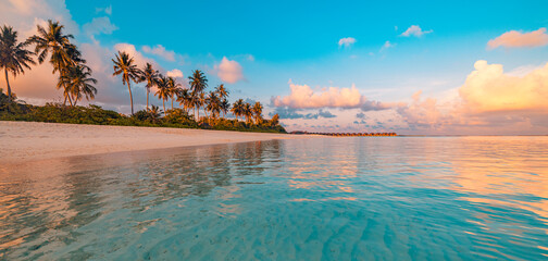 Best sandy island beach. Silhouette palm trees destination landscape panorama. Inspire popular vacation tropic seascape horizon. Majestic nature sunset sea sky reflection. Tranquil relax summer travel - obrazy, fototapety, plakaty