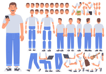 Man character constructor. A set of positions and views of the body, arms, legs, emotions for animation. Vector illustration in flat style