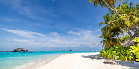 Fantastic sunny panorama at Maldives. Luxury resort seascape. Majestic sea waves coconut palm trees sand sunshine sky. Beauty paradise beach popular destination. Best summer vacation travel background - obrazy, fototapety, plakaty